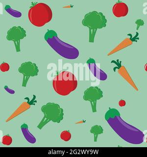 Vegetables pattern from fresh  tomatoes, broccoli  , carrots, eggplants  on a green  background. creative summer  vegetable concept. Stock Vector