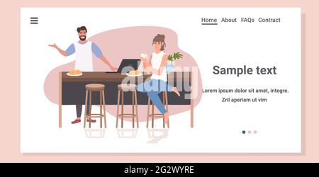couple using laptop drinking coffee spending time together stay home coronavirus pandemic quarantine Stock Vector