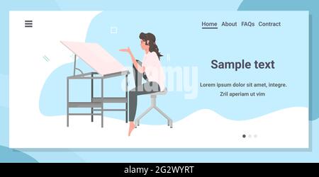 woman architect sitting at workplace with adjustable drawing board desk Stock Vector