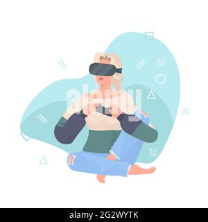 woman wearing vr glasses using joystick girl playing video games using virtual reality goggles Stock Vector