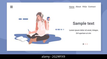 woman freelancer drinking coffee listening music writing report during coronavirus pandemic quarantine Stock Vector