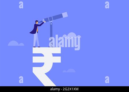 Conceptual illustration of an expert standing on a Rupee symbol and looking through a telescope Stock Vector
