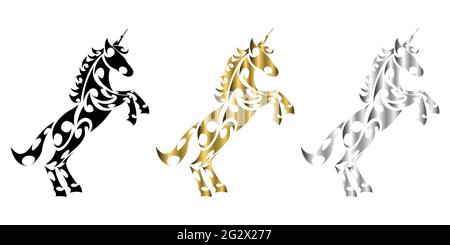three color black gold silver Line art vector of unicorn with front legs raised Suitable for use as decoration or logo Stock Vector