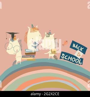 Happy Cartoon Unicorns going Back to School Stock Vector