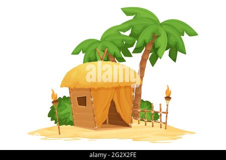 Beach bungalow, tiki hut with straw roof, bamboo and wooden details on sand in cartoon style isolated on white background. Fantasy building with palm Stock Vector