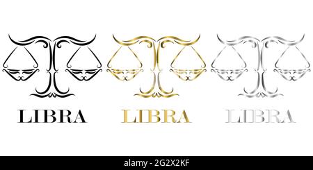 Line vector logo of scales It is sign of libra zodiac there is three color black gold silver Stock Vector