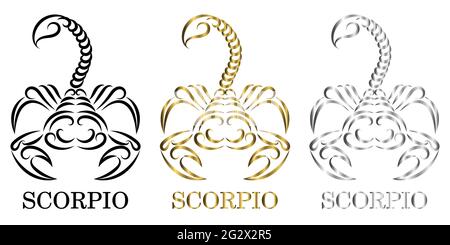 line vector logo of a scorpion It is sign of scorpio zodiac there are three color black gold silver Stock Vector
