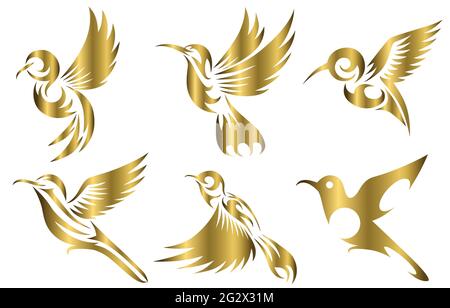 Line art gold Vector illustration six image set of flying hummingbirds. Suitable for making logos. Stock Vector