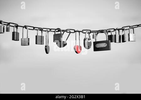 Love padlocks on a chain on a light grey background. Diverse locks with one colored in red as a symbol of unique feelings of each love story. Stock Photo