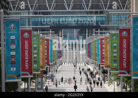 London, UK. 12th June, 2021. Wembley Way is fairly quiet, the day before the first game for England in the UEFA EURO 2020 tournament, Wembley Stadium, London, UK, June 12, 2021 Credit: Paul Marriott/Alamy Live News Stock Photo