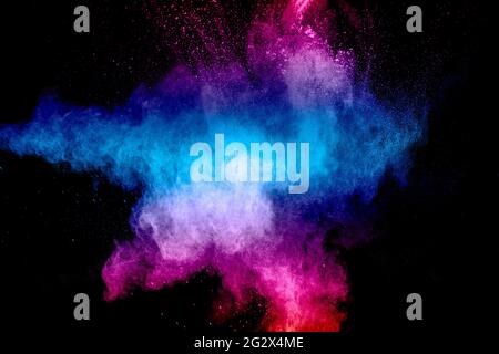 Pink blue dust particles splash on black background.Pink blue powder splash. Stock Photo