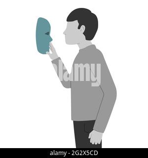 The guy holds a theater mask in his hand and looks at it. The concept of impostor syndrome. The person suffers from a split personality. Being someone Stock Vector