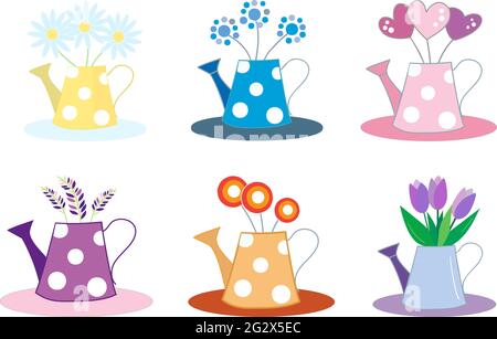 Set of drawn cute retro vases in the form of a watering can, with various bouquets of flowers Stock Vector