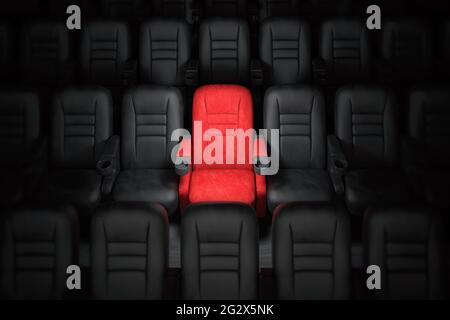 One red empty seat among others black seats in cinema hall. 3d illustration Stock Photo