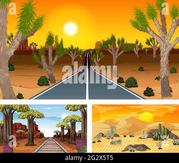 Set of different nature horizontal scenes illustration Stock Vector