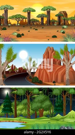 Set of different forest horizontal scenes illustration Stock Vector