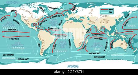 The ocean current world map with names illustration Stock Vector Image ...