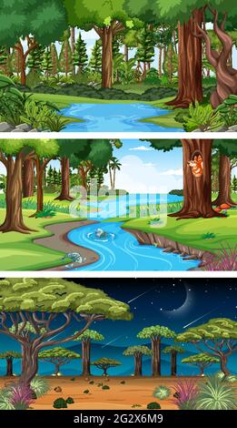 Three different nature horizontal scenes illustration Stock Vector