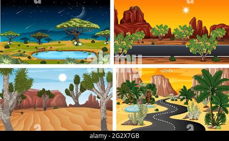 Four different nature horizontal scenes illustration Stock Vector