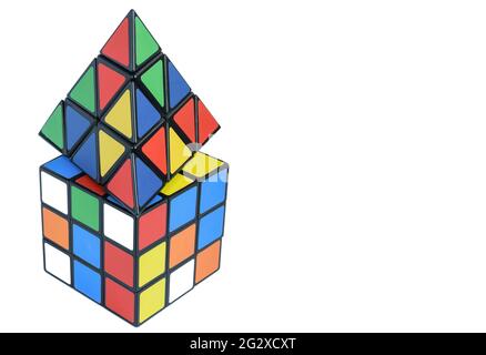 Two different 3d multi-colored cubes on a white background Stock Photo