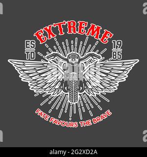 Extreme. Emblem template with winged motorcycle. Design element for logo, label, sign, emblem, poster. Vector illustration Stock Vector