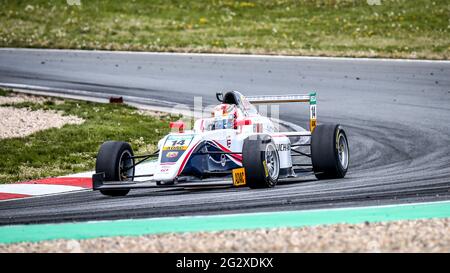 Oschersleben, Germany, April 26, 2019:Swiss racing driver Gregoire Saucy driving a R-ace GP single-seater car during German ADAC Formula 4 Stock Photo