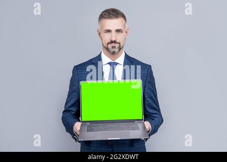 webinar pc advertisement. businessman presenting product. success. presentation on computer. Stock Photo