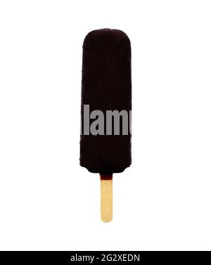 Dark Chocolate ice cream lolly, chocolate glaze close-up on the white isolated background. Ice cream bar,summer hot day. Cold yummy ice cream. Stock Photo