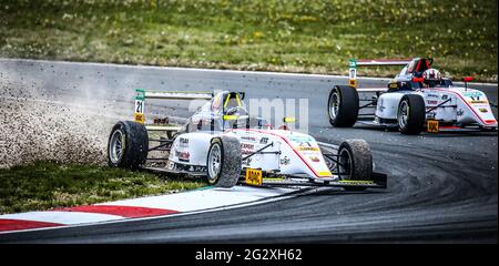 Oschersleben, Germany, April 26, 2019:US Racing CHRS single-seater car driven by Theo Pourchaire runs off the track during German ADAC Formula4 Stock Photo