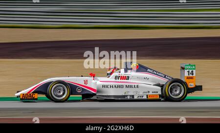 Oschersleben, Germany, April 28, 2019:R-ace GP single-seater car driven by Gregoire Saucy during German ADAC Formula 4 at the Motorsport Arena Stock Photo