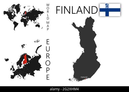 Realistic vector map of Finland with flag. The location of the country on the map of the world and Europe. A silhouette with detailed borders of the s Stock Vector