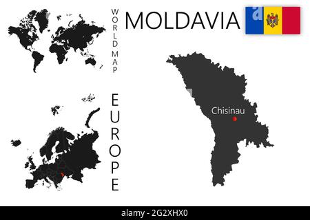 Realistic vector map of Moldavia with flag. The location of the country on the map of the world and Europe. A silhouette with detailed borders of the Stock Vector