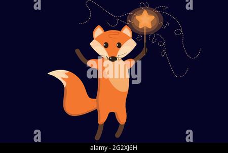 Cute orange cartoon fox with magic wand  Stock Vector