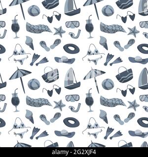 Seamless pattern with summer things for beach in blue color. Flat style. Vector illustration. Stock Vector