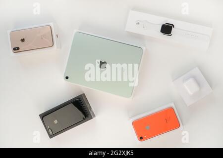 Layout from apple products on white background. Russia, Tatarstan, June 10, 2021. Stock Photo