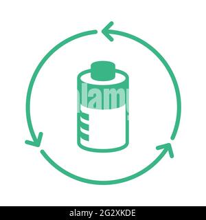 Batteries recycle icon. Safely disposal of batteries. Green battery in a circle with arrows. Reduce toxic waste and chemicals in the environment. Stock Vector