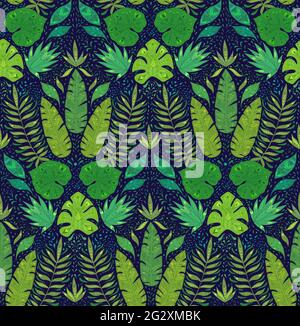 Seamless damask pattern with monstera, banana and liana leaves on dark blue background. Tropical wallpaper. Texture with jungle foliage. Vector fabric Stock Vector