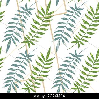 Seamless pattern with tropical leaves with folk decoration on geometric lines. Texture with green leaves with tribal ornament. Vector wallpaper with b Stock Vector