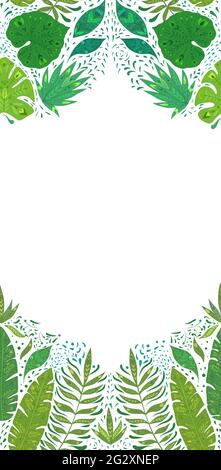 Vertical card with pattern with monstera, banana and liana leaves and copy space on white background. Tropical greeting card. Banner with jungle folia Stock Vector