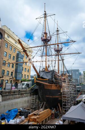 London. UK- 06.10.2021. The replica of the historic galleon Golden Hind on the bank of the Thames river. A popular tourist attraction. Stock Photo