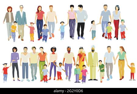 different families, parents and children, groups of people isolated on white Stock Vector