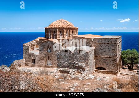 The Church of Hagia Sofia, on the highest point of Monemvasia, Greece with great view to the Aegean Sea. Stock Photo