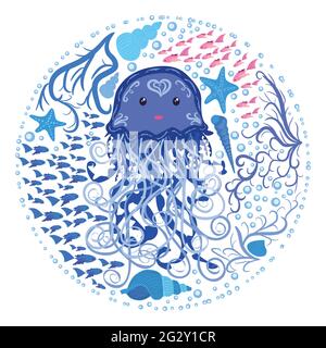 Funny jellyfish hand-drawn among seashells, algae, fish. Cute marine life, Scandinavian style, detailed. Stock Vector