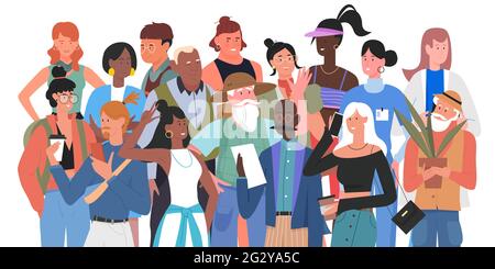 Diverse modern community, people crowd vector illustration. Cartoon elderly or young man woman characters standing together, waving, holding mobile phone, green plant and coffee cup isolated on white Stock Vector