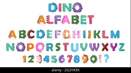 funny comic Dino alphabet and numbers in cartoon style. Bright modern illustration for kids, nursery, poster, card, birthday party, packaging paper de Stock Vector