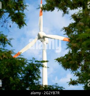 Rotor blades of wind turbine seen through gap between trees Stock Photo