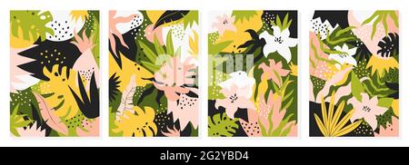 Tropical summer leaves flowers, abstract jungle foliage, dots shape vector illustration set. Minimalist floral for art wall interior design and decor wallpaper, canvas print modern template background Stock Vector