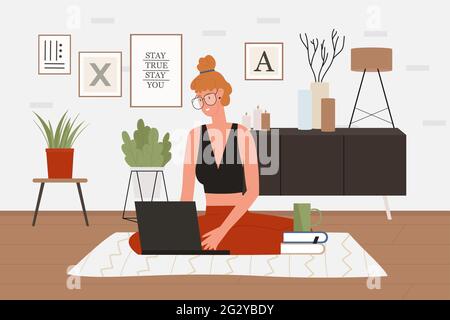 Freelance work in home office, remote job vector illustration. Cartoon girl freelancer character sitting on floor, working with laptop, young woman student studying in living room workplace background Stock Vector