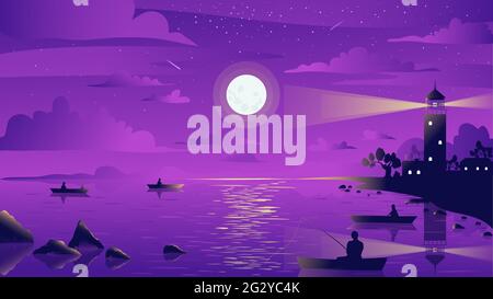 Night moonlight lighthouse sea landscape vector illustration. Cartoon fisherman sitting in sail boat, people silhouettes catch fish with fishing rod, full moon and stars summer scenery background Stock Vector