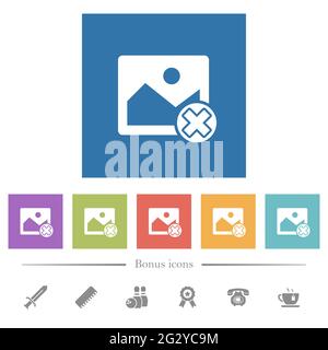 Cancel image operations flat white icons in square backgrounds. 6 bonus icons included. Stock Vector
